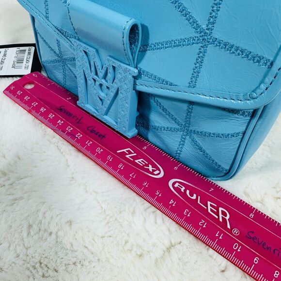 MCM Mini Travia Quilted Logo Plaque Crossbody Bag Turquoise Blue NWT - Picture 9 of 11